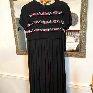 Black rayon dress with floral embroidery